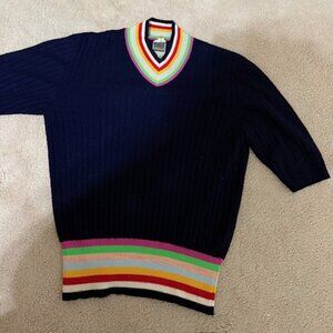 Vintage womens *dralon* MED Navy sweater rainbow v-neck mock neck
